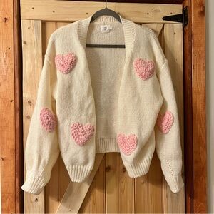 Cozy Cream Cardigan with Pink Heart Accents